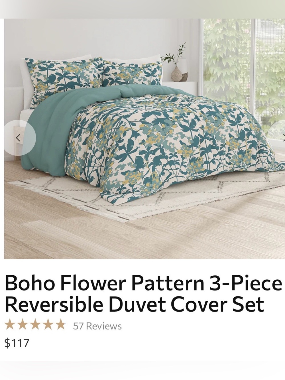 Linens & Hutch Boho Flower Pattern 3-Piece Reversible Duvet Cover Set. NWT